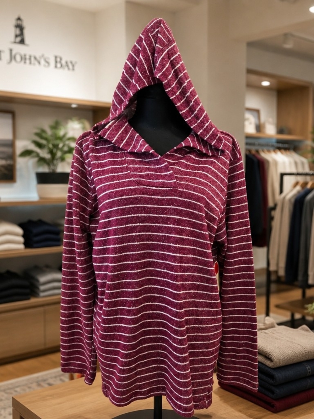 St Johns Bay Active Large Burgundy Metallic Striped Hooded Sweatshirt XL